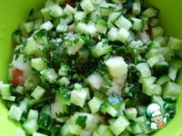 Салат с овощами и рыбными фрикадельками в желе