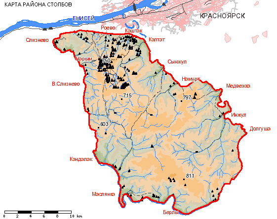 Подробная карта красноярских столбов